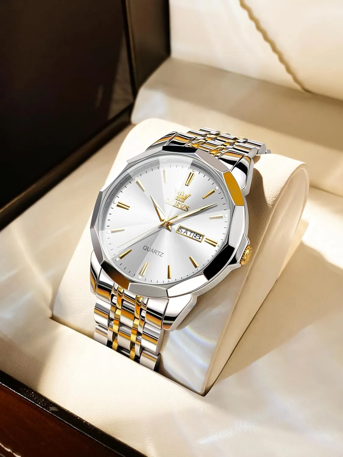 Wrist Watches Gift OLEVS Watches for Men Waterproof Diamond Business Luxury Dress Analog Quartz Stainless Steel Luminous Day Date Two Tone affluent persuasion Casual Men's 
