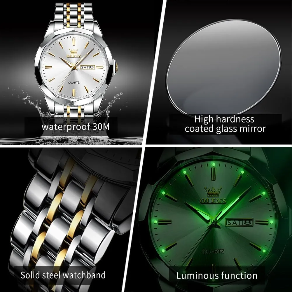 Wrist Watches Gift OLEVS Watches for Men Waterproof Diamond Business Luxury Dress Analog Quartz Stainless Steel Luminous Day Date Two Tone affluent persuasion Casual Men's 