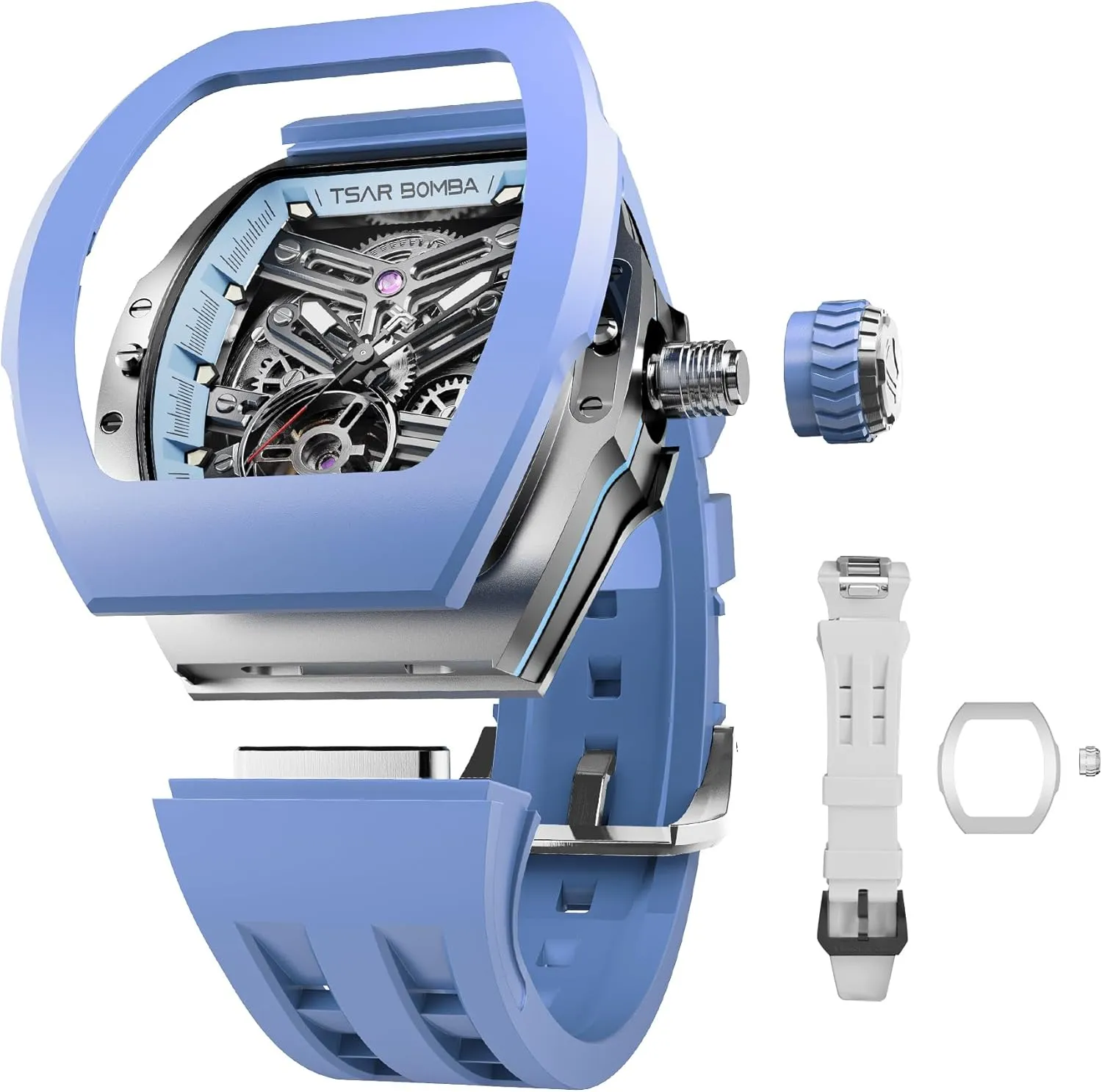 Wrist Watches Interchangeable Watch for Men, 2 Sets of Interchangeable Bezels, Straps and Crowns, Automatic Skeleton Mechanical Luxury Mens renewal sunrise Watches, Waterproof 100M Japanese Movement Men's 