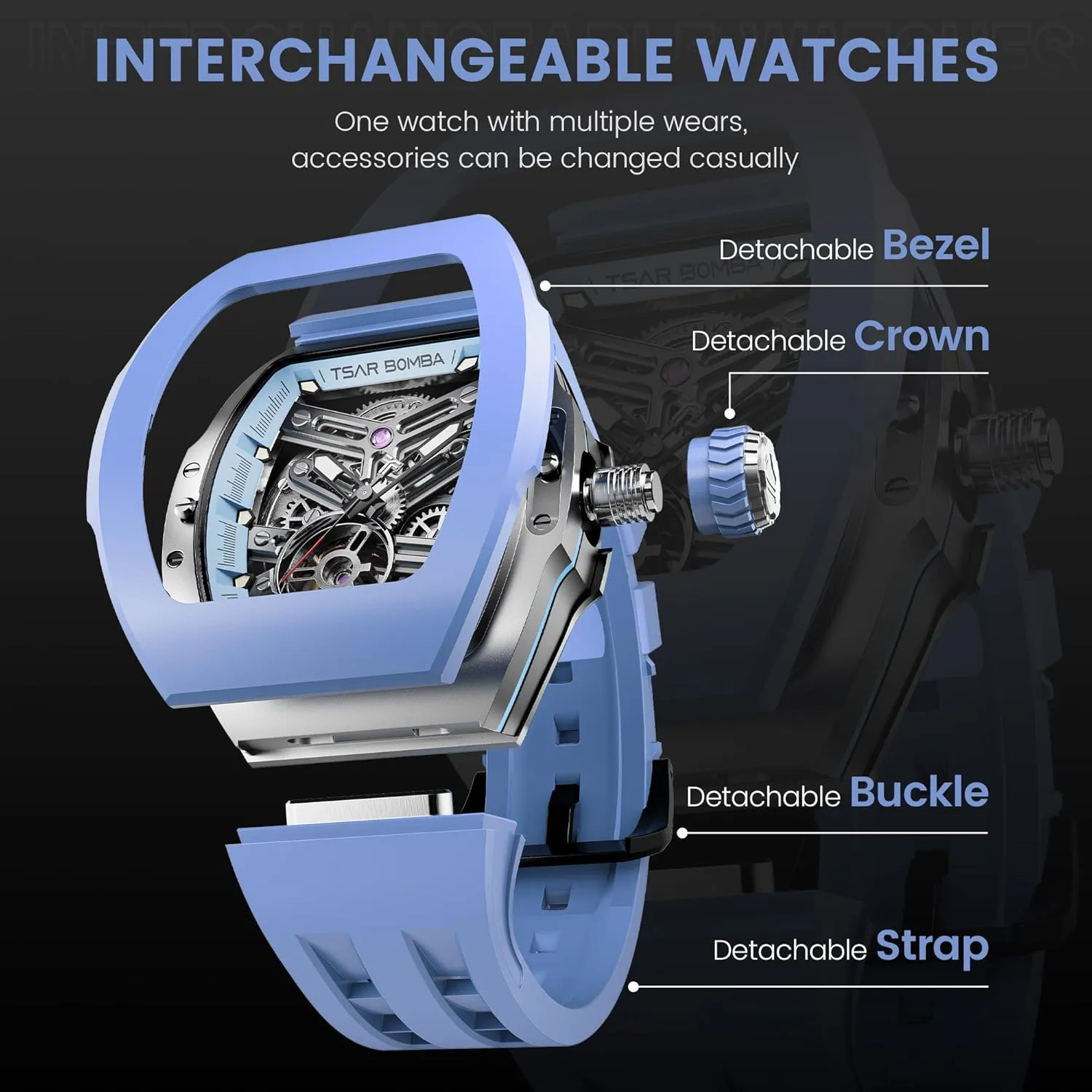 Wrist Watches Interchangeable Watch for Men, 2 Sets of Interchangeable Bezels, Straps and Crowns, Automatic Skeleton Mechanical Luxury Mens renewal sunrise Watches, Waterproof 100M Japanese Movement Men's 
