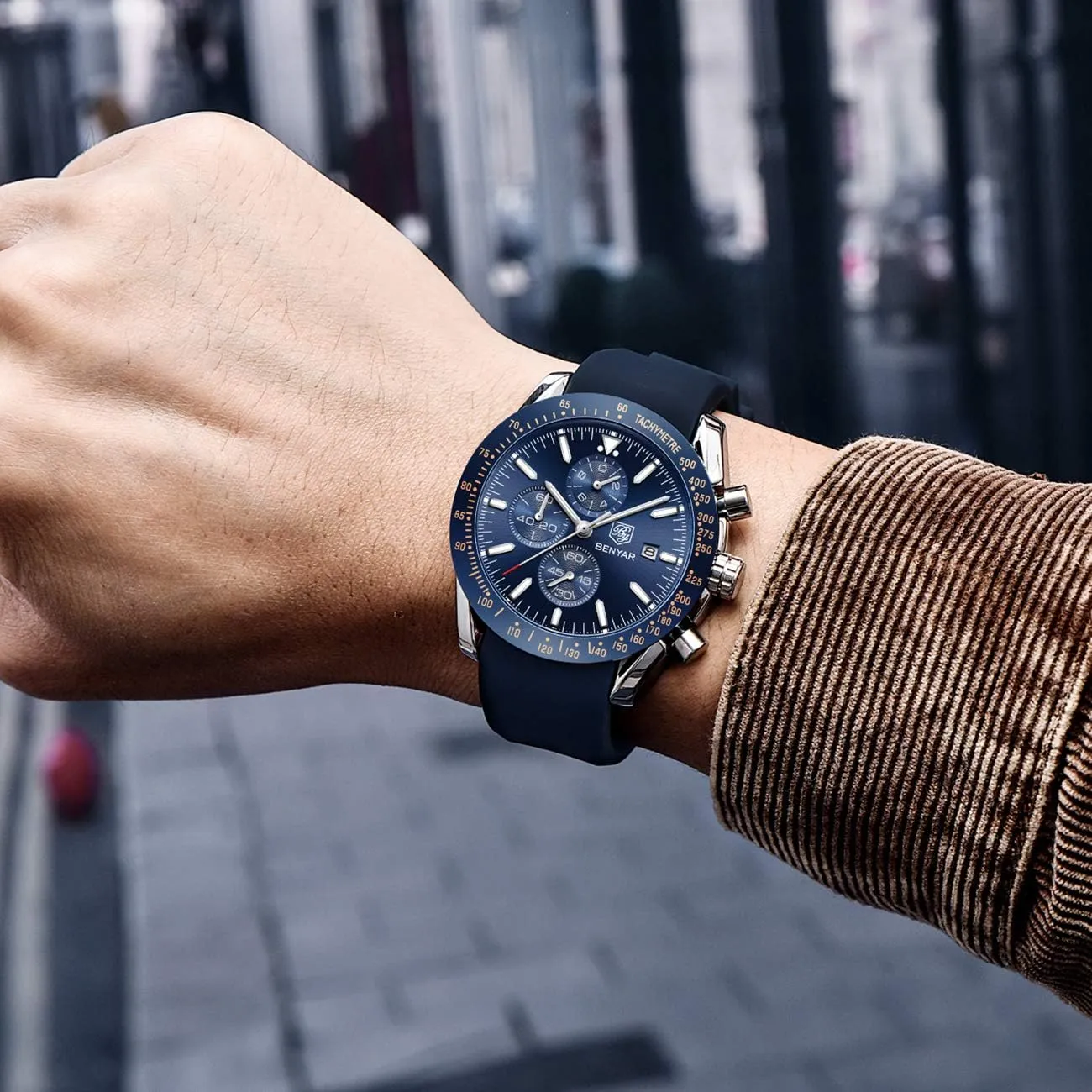 Wristwatches Fashion imagery hoe scope Brown Leather Watches for Men BENYAR Mens Watches Quartz Chronograph Business Luxury Brand Waterproof 