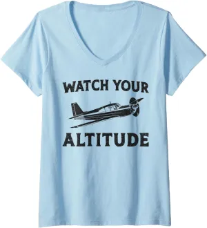 Your Altitude V-Neck T-Shirt Womens Airplane Pilot Pun spatial Vintage Watch 